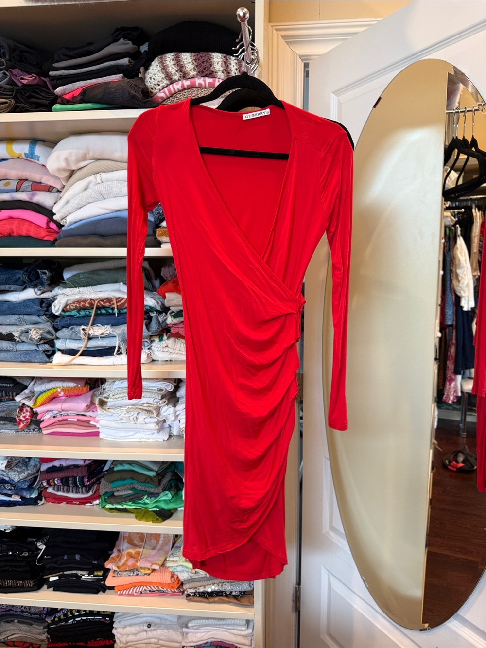 Red Surplice Long Sleeve Ruched Dress - Unknown Brand
